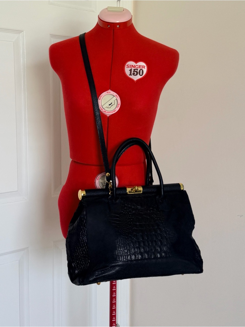 Italy Made Genuine Leather Croc Embossed Satchel Bag Suede Lock Crossbody Large - Picture 2 of 12